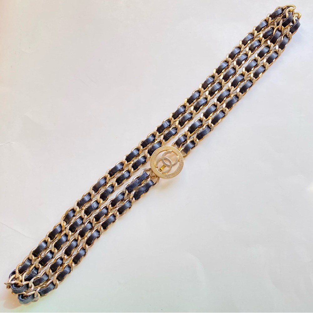 CHANEL Gold & Black Leather Chain Belt
